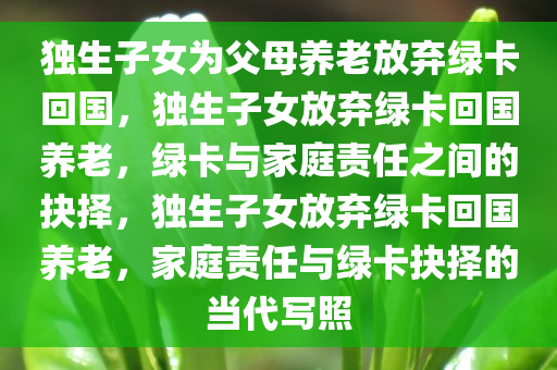 独生子女为父母养老放弃绿卡回国，独生子女放弃绿卡回国养老，绿卡与家庭责任之间的抉择，独生子女放弃绿卡回国养老，家庭责任与绿卡抉择的当代写照