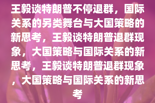 王毅谈特朗普不停退群，国际关系的另类舞台与大国策略的新思考，王毅谈特朗普退群现象，大国策略与国际关系的新思考，王毅谈特朗普退群现象，大国策略与国际关系的新思考