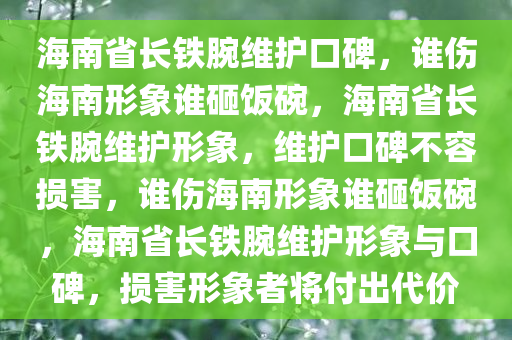 海南省长铁腕维护口碑，谁伤海南形象谁砸饭碗，海南省长铁腕维护形象，维护口碑不容损害，谁伤海南形象谁砸饭碗，海南省长铁腕维护形象与口碑，损害形象者将付出代价今晚必出三肖2025_2025新澳门精准免费提供·精确判断