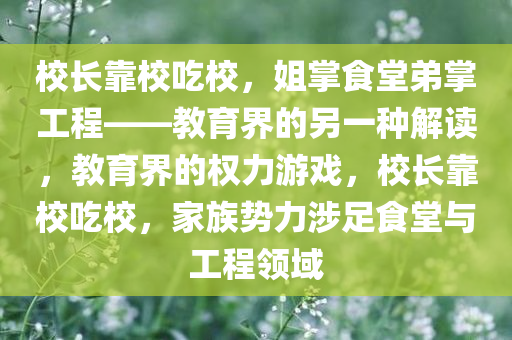 校长靠校吃校，姐掌食堂弟掌工程——教育界的另一种解读，教育界的权力游戏，校长靠校吃校，家族势力涉足食堂与工程领域今晚必出三肖2025_2025新澳门精准免费提供·精确判断