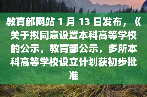 教育部网站 1 月 13 日发布，《关于拟同意设置本科高等学校的公示，教育部公示，多所本科高等学校设立计划获初步批准