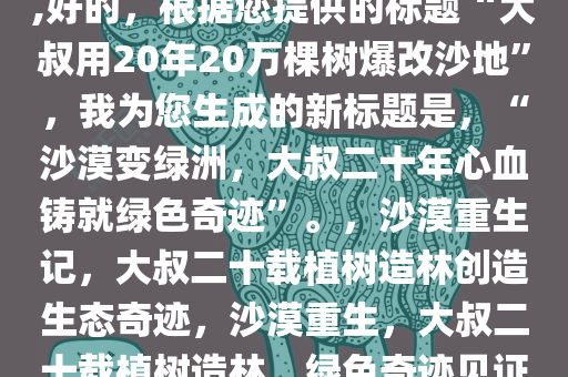 大叔用20年20万棵树爆改沙地,好的，根据您提供的标题“大叔用20年20万棵树爆改沙地”，我为您生成的新标题是，“沙漠变绿洲，大叔二十年心血铸就绿色奇迹”。，沙漠重生记，大叔二十载植树造林创造生态奇迹，沙漠重生，大叔二十载植树造林，绿色奇迹见证生态变迁